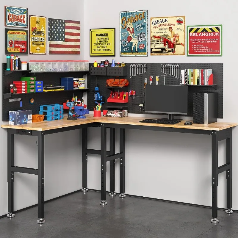 TLGREEN 48" Adjustable Work Bench with Power Outlet, Rubber Wood Top Work Table, Heavy Duty Work Bench, 2000 LBS Capacity, Workb