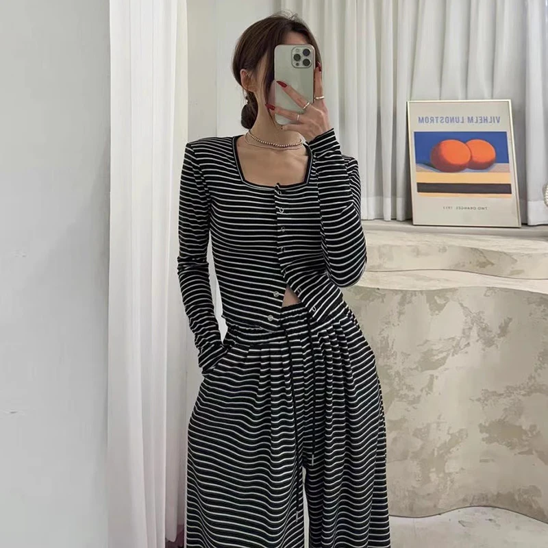 Slim Fit Stripe Knit Shirt And Wide Leg Pants Set Vintage Square Collar Chiffon Detail Autumn Winter Fashion Women's Ensemble