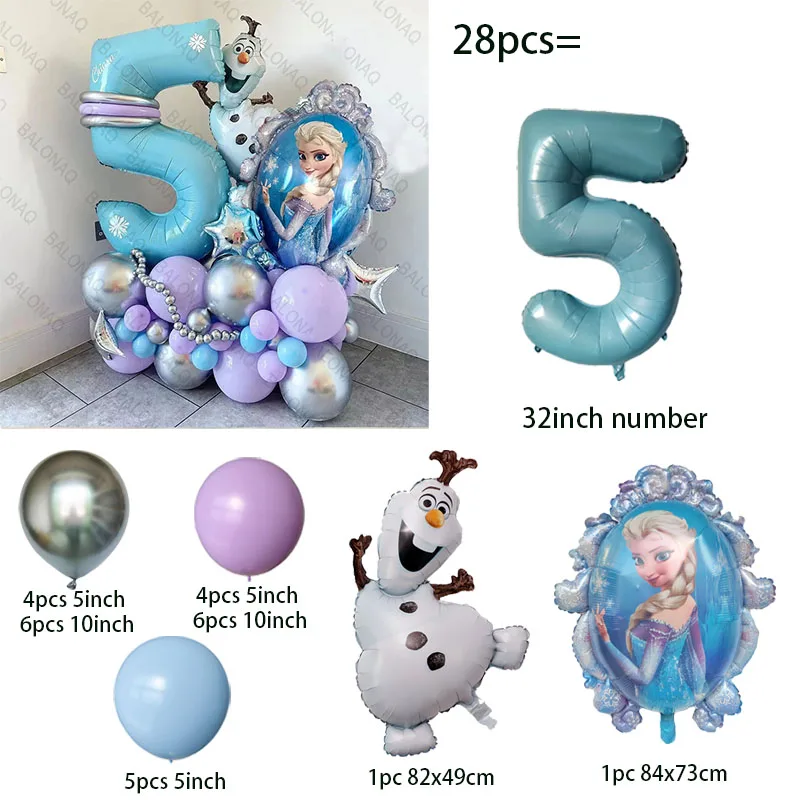 28pcs 냉동 호일 풍선 세트 엘사 공주 만화 테마 파티 장식 소녀 생일 베이비 샤워 웨딩 파티 용품