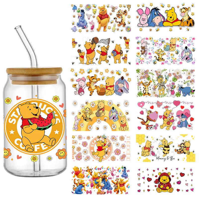 Pegatina de transferencia UV DTF con patrón de Winnie the Pooh de oso de dibujos animados de Disney, calcomanías de transferencias impermeables para pegatinas de envoltura de taza de vidrio de 16oz