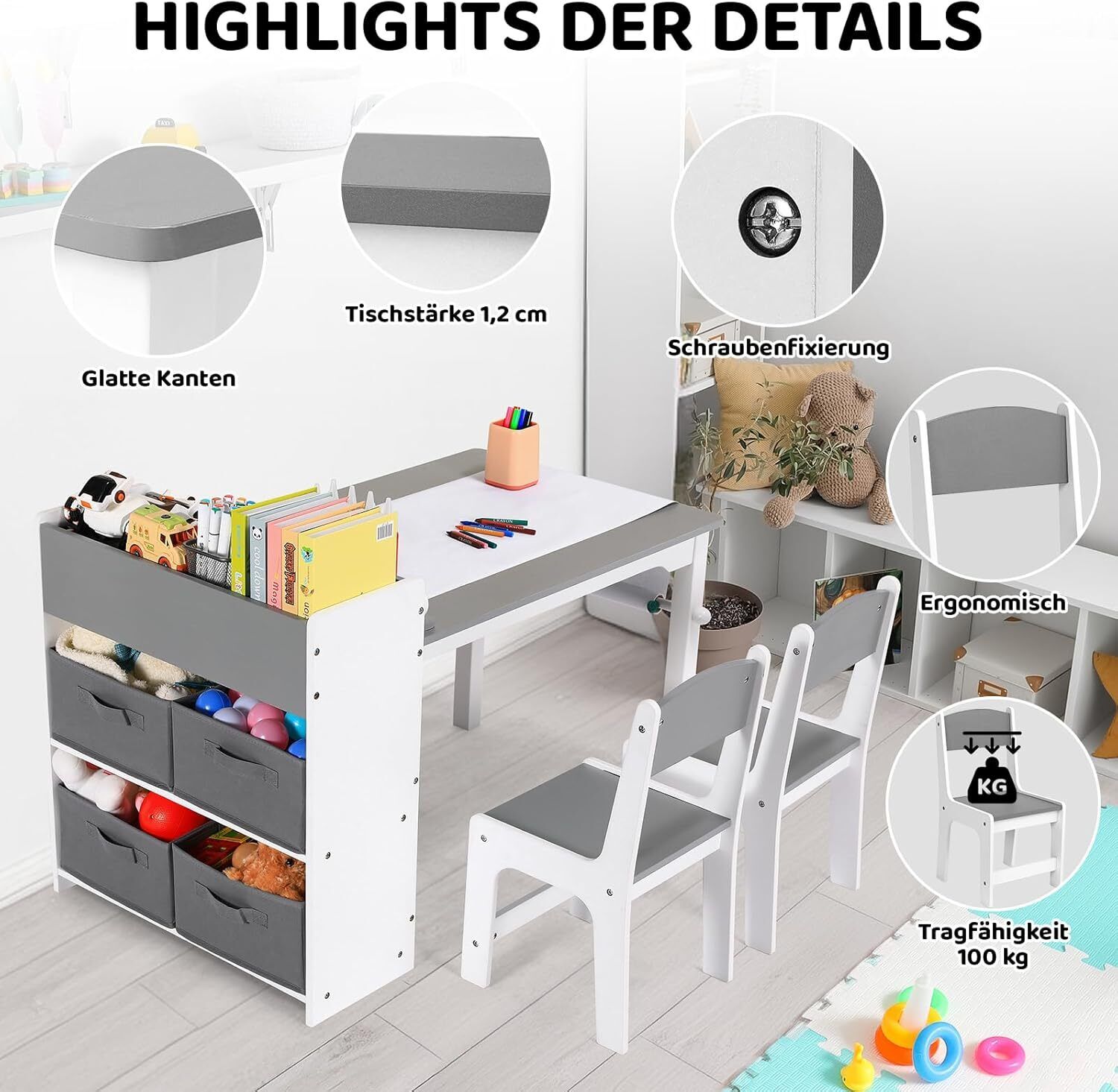 Table d'art pour enfants et 2 chaises, table de jeu artisanale pour tout-petits avec bacs de rangement, rouleau de papier