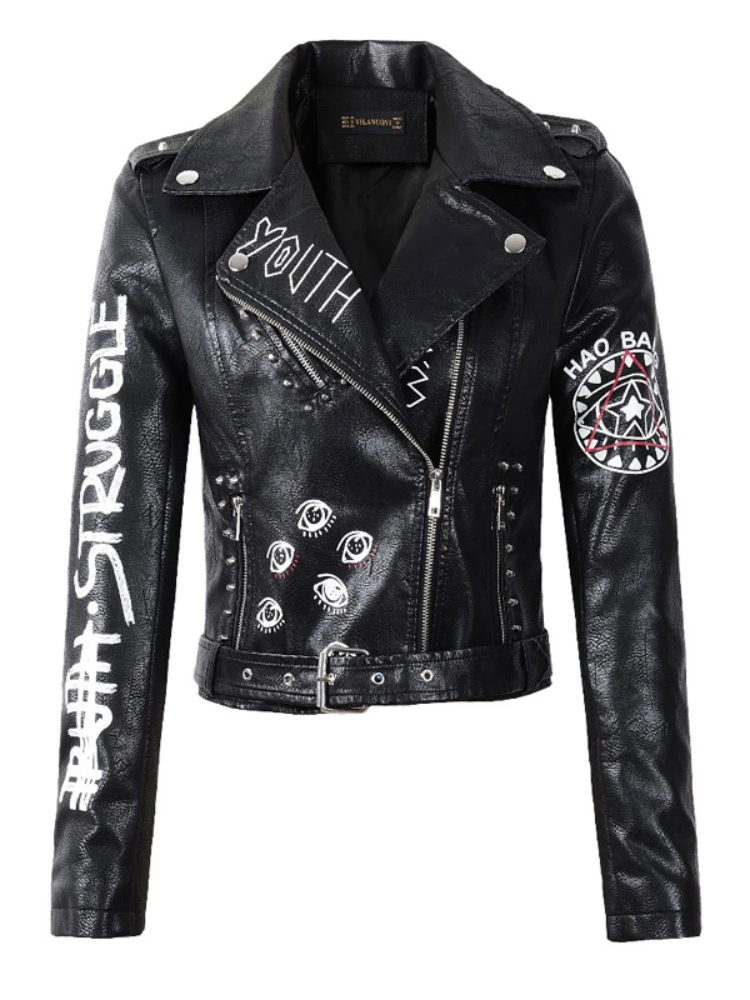 ผู้หญิงรถจักรยานยนต์เสื้อหนังFauxฤดูใบไม้ผลิStreetwear Graffitiพิมพ์BikerหนังสุภาพสตรีสีดําLapel Zipper Outwear