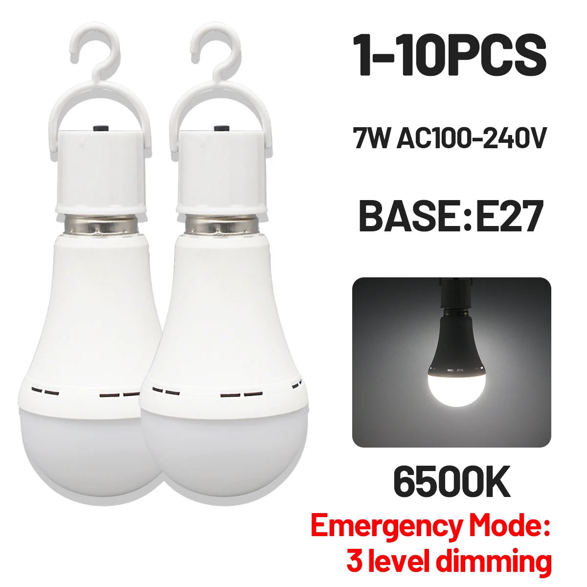 Rechargeable LED Emergency Bulb E27 Portable 7W Light 1500mAh Backup Lamp for Home Power Outage Outdoor Camping Garden Porch