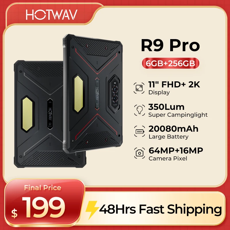 HOTWAV R9 Pro Tablet robusto Android14 10.95 FHD + 20080Mah Bateria 20W Carga tablets 16MP + 64MP Câmera 6 + 256GB Luz de acampamento ipad