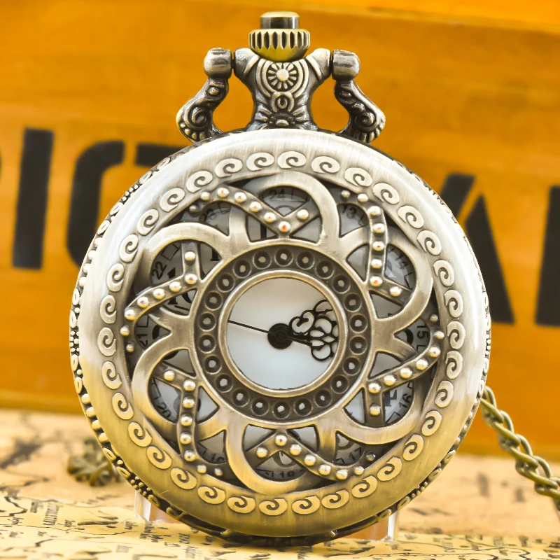 Retro Bronze Steampunk durchbrochene Blume Flip Quarz Jungen und Mädchen Halskette Gedenktaschenuhr