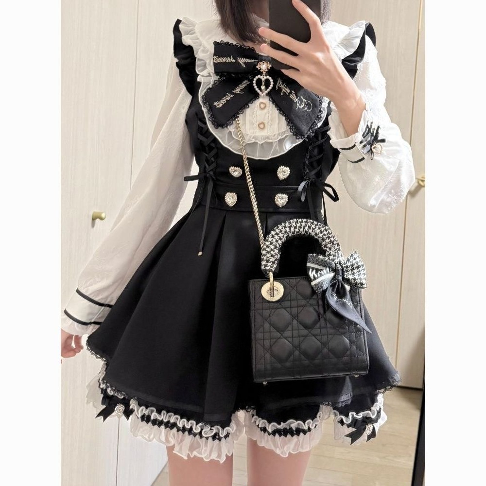 Harajuku Zoete Boog Zwarte Plaid Jurken All-Match Slim Fit Kawaii Lolita Jurk voor Vrouwen Herfst Nieuwe Lange Mouw vestidos De Mujer