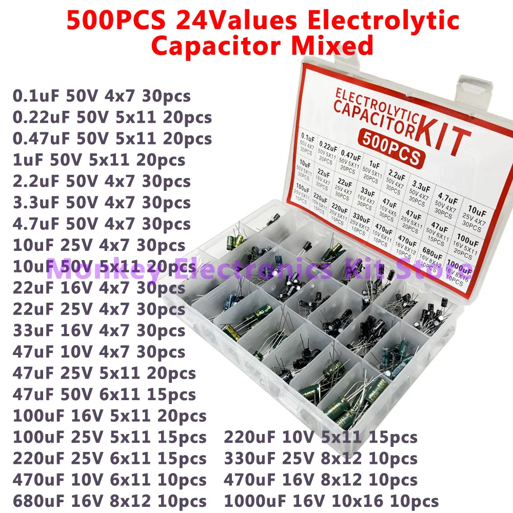 Bộ 500 24 Giá Trị 0.1UF-1000u Điện Phân Tụ Điện Hỗn Hợp Nhúng Chất Điện Giải Tụ Điện 10V 16V 25V 50V Điện Tử Bộ