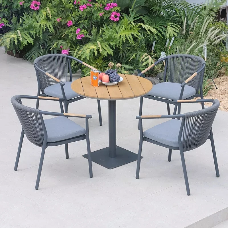 Silla de té y café de madera de teca de aluminio para exteriores, mesa, muebles, juego de comedor, jardín para cafetería al aire libre