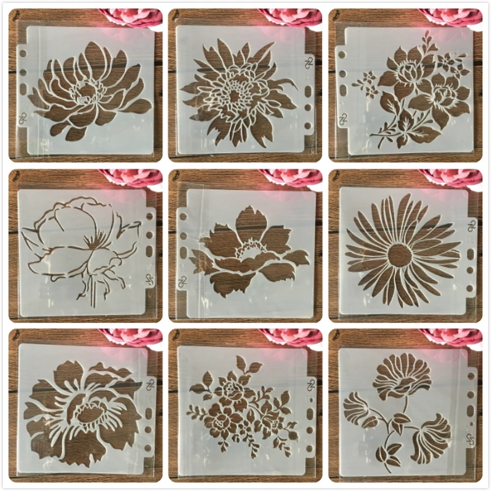Plantillas de capas DIY para pintura de pared, plantilla de tarjetas decorativas para álbum de recortes, para colorear y grabar, 14x13cm, 9 unids/set por juego