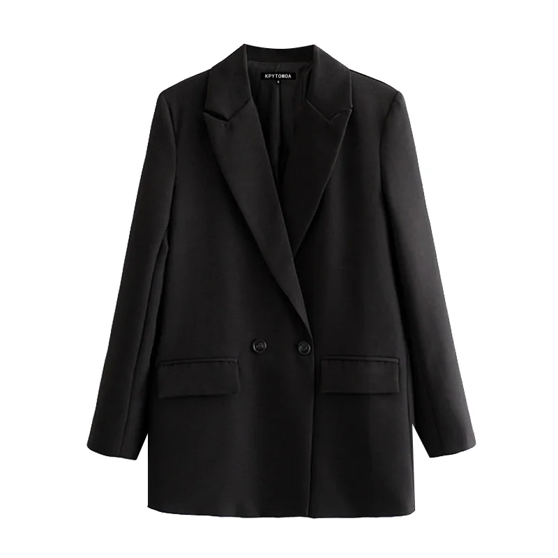 Phụ Nữ Đen Blazer 2022 Thời Trang Phục Công Sở Đôi Áo Phối Vintage Túi Tay Dài Nữ Áo Khoác Ngoài Sang Trọng Cao Cấp