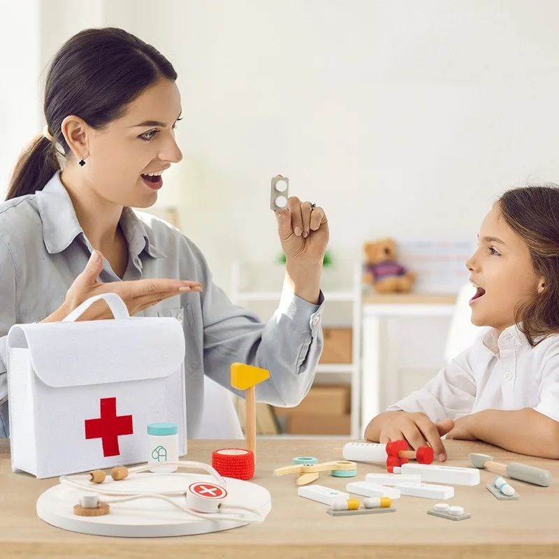 Kit medico in legno per bambini, prelievo set da gioco per i più piccoli con borsa medica per ragazzi e ragazze, divertente gioco di ruolo
