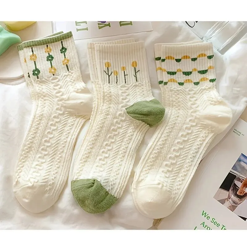 5 paia di calzini floreali retrò, calzini solidi con texture, calzini e calzetteria da donna, calzini a metà polpaccio, calzini casual retrò rustici