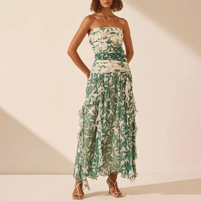 Vestido de fiesta plisado con estampado de flores para mujer, sin tirantes traje Sexy, hombros descubiertos, cintura alta, Espalda descubierta, maxivestido de Gala de Graduación