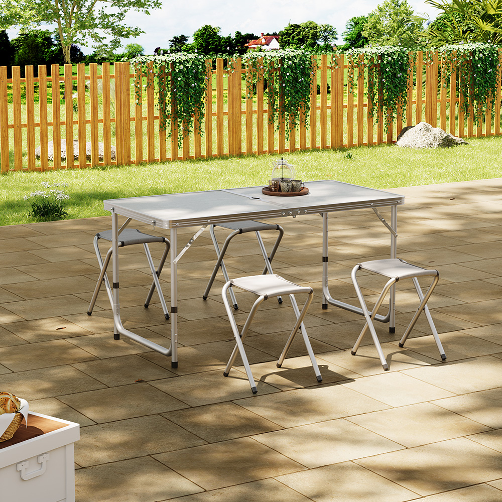 【Breeins】Folding Picnic Table with 4 Stools Portable Lightweight Aluminum Table Stools Set