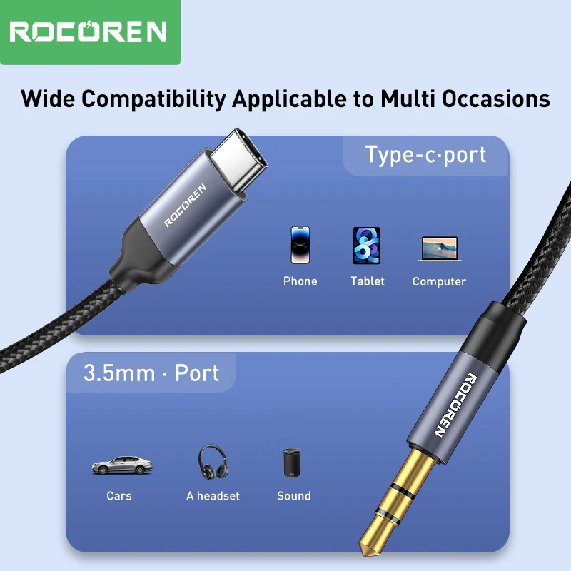 Rocoren USB タイプ C から 3.5 ミリメートルジャック AUX オーディオケーブルアダプタスピーカーヘッドフォンヘッドセット延長 Aux ワイヤーコード iPhone 15 Pro Max 用