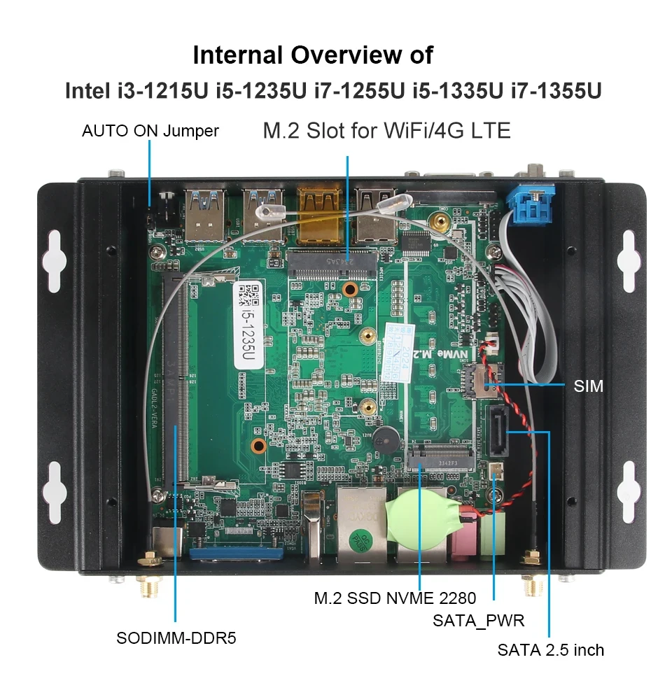 IPC Fanless Industrial IoT Mini PC i5-1235U i5-1335U DDR5 2x LAN 2x COM RS232 8x USB Support 4G LTE SIM WiFi Windows Linux