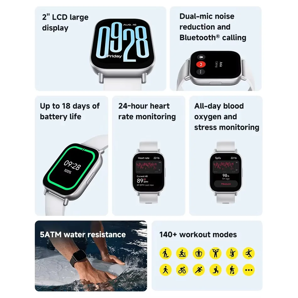 【Marca +】 Versão global Xiaomi Redmi Watch 5 Display ativo de 2 '' Fino a 18 dias de vida útil da bateria Mais de 140 modos de treino Bluetooth