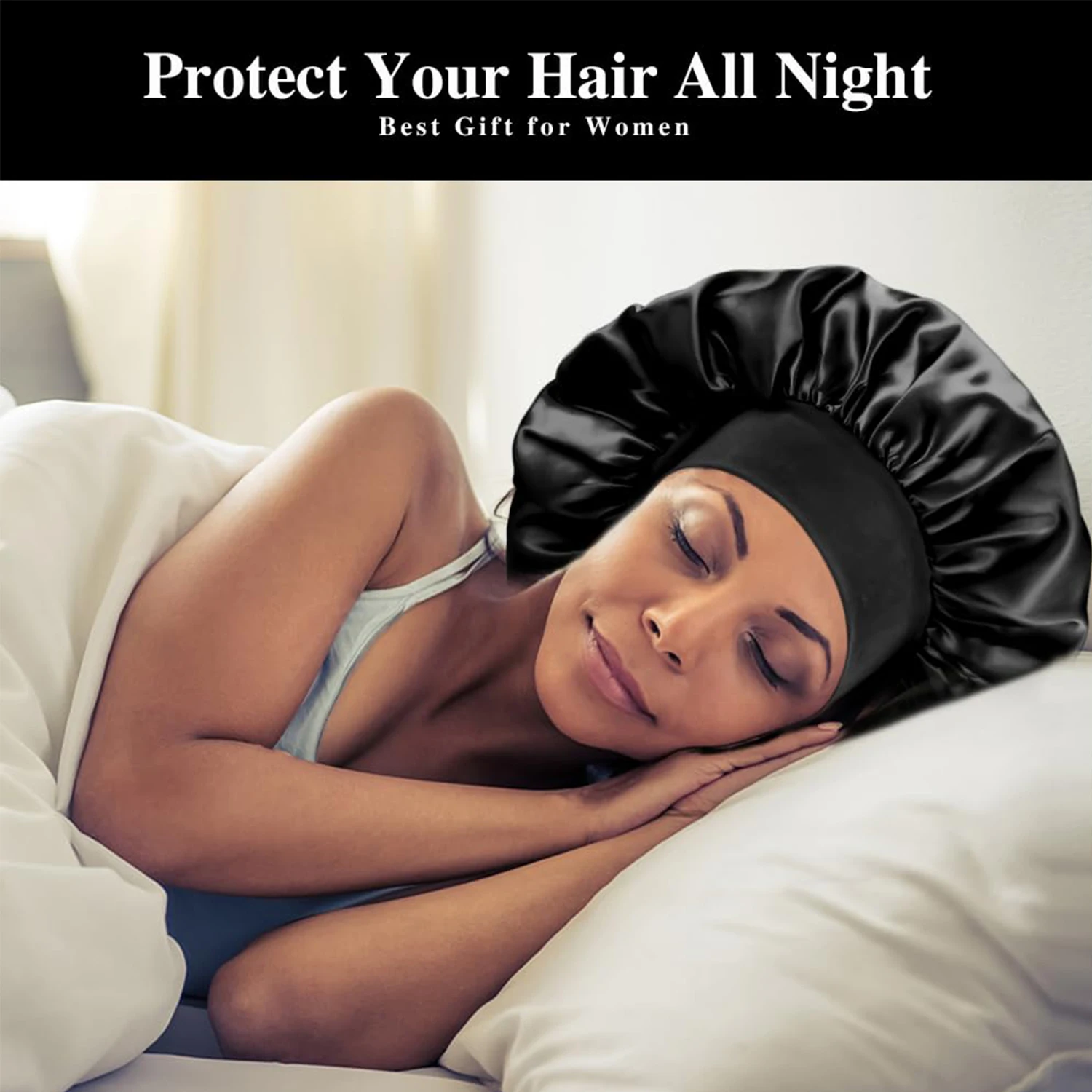 Gorro de satén para dormir, gorros de seda para mujeres negras con banda elástica suave para el cuidado del cabello