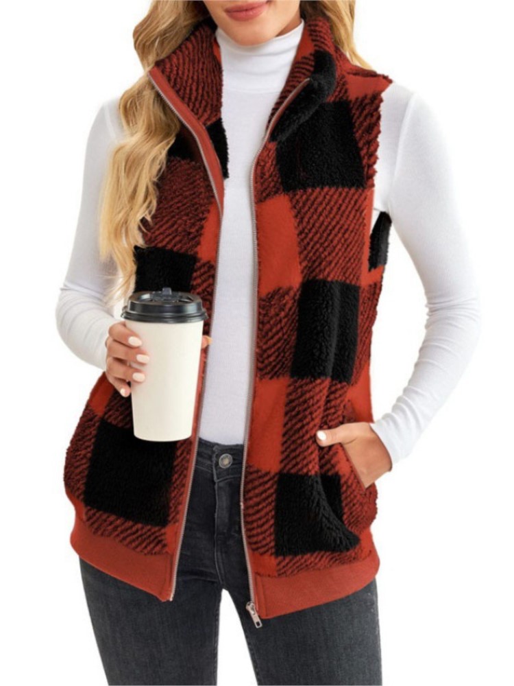 ฤดูใบไม้ร่วงฤดูหนาวลายสก๊อตขนแกะHoodieเสื้อกั๊กผู้หญิงเสื้อสเวตเตอร์ถักแฟชั่นคอสบายๆกระเป๋าแขนกุดหญิงOffice Coat