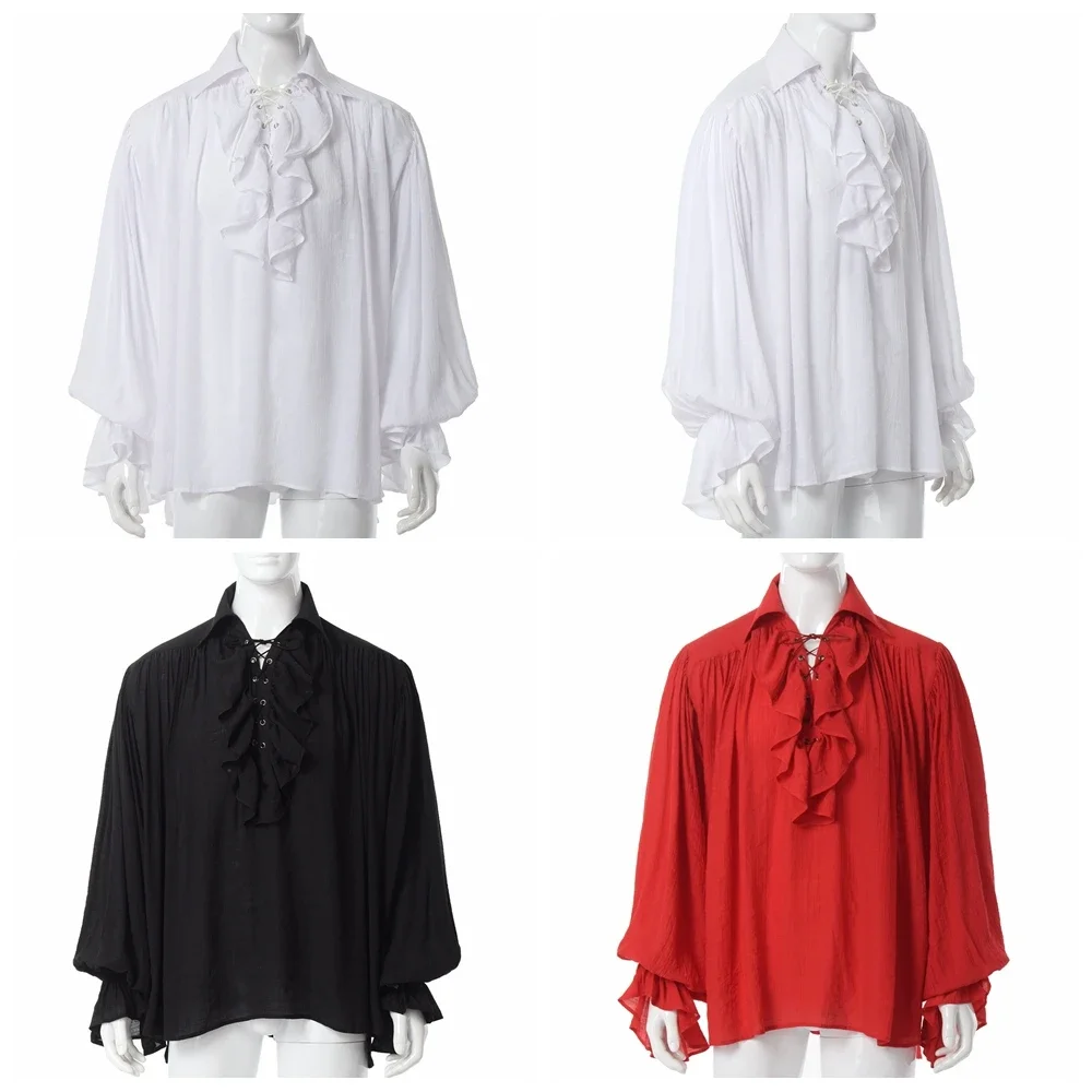 Camicia da uomo pirata Vampiro Principe Poeta Camicie Buccaneer medievale con volant Con lacci Camicetta gotica vintage rinascimentale