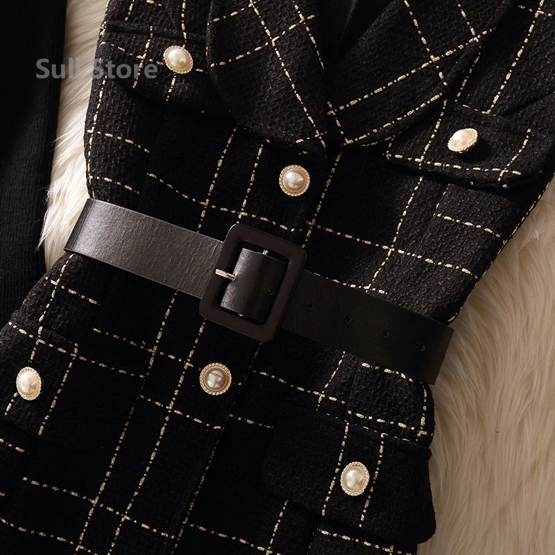 Vintage mittellange 75 cm karierte Tweed-Weste, Jacke für Damen, 2-teiliges Set, elegante, ungefütterte Weste mit Perlenknöpfen und Strickpullover mit Gürtel