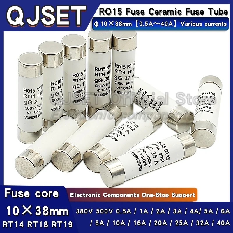 10 Uds R015 10*38 fusible cerámico de soplado rápido 10x38mm fusible 500V 0.5A 1A 2A3A 4A 6A 8A 10A 16A 20A 25A 32A 40A 380V RO15 RT18 RT14 RT19