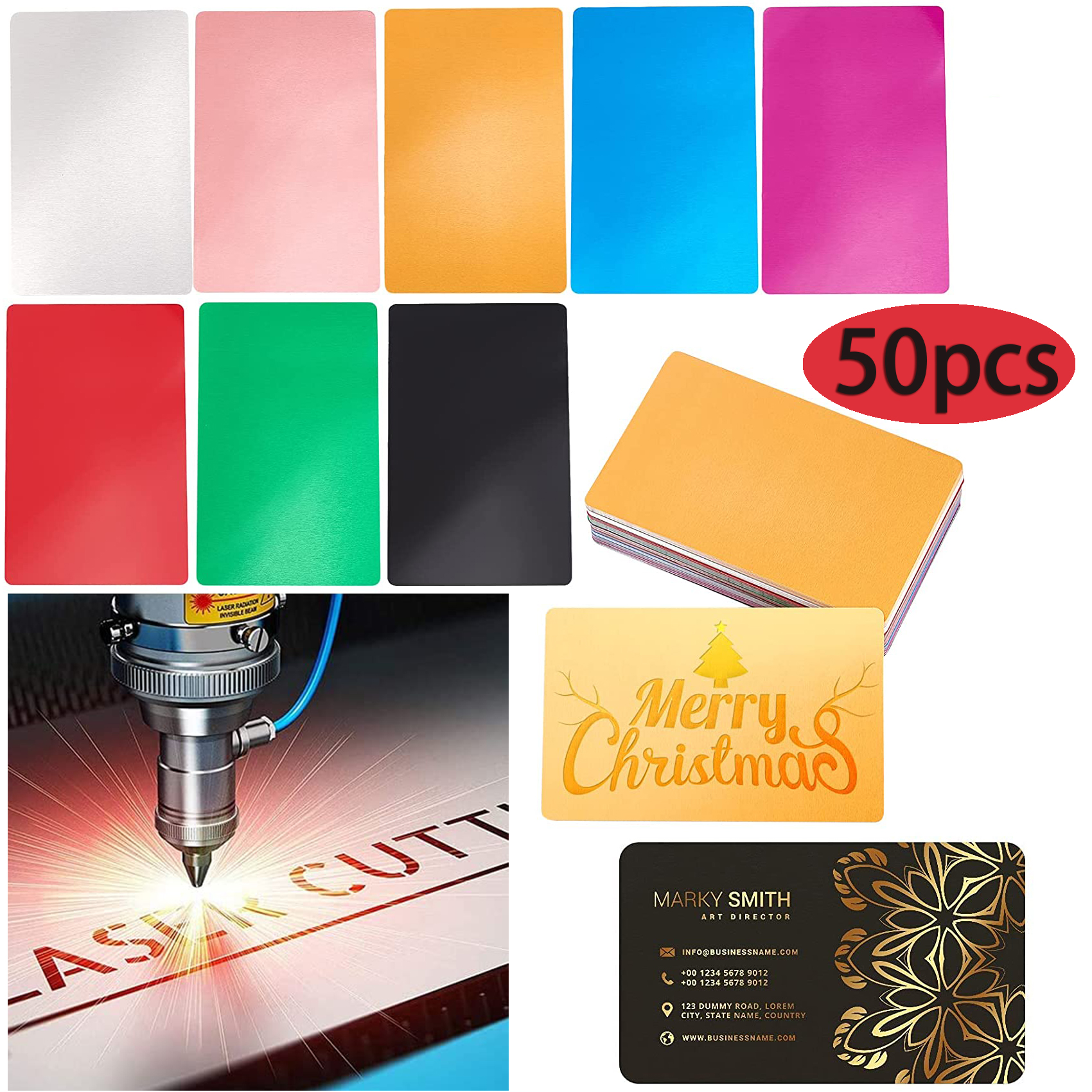 50 Pcs Metal Business Name Card Aluminum Blank Laser CNC Engraving Cards Special Logo Printing DIY Customizable Office Supplies