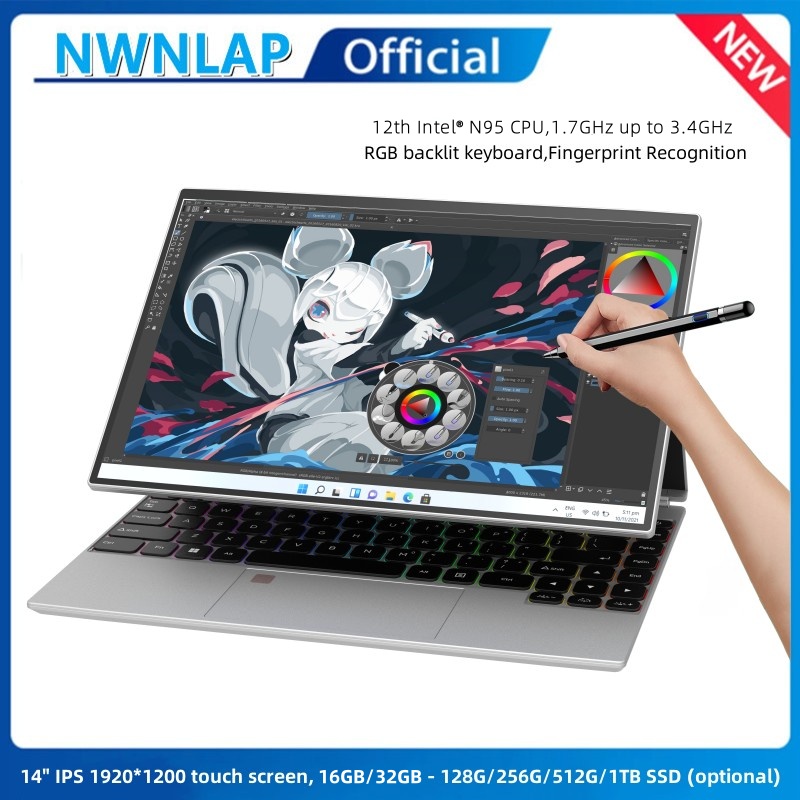 14นิ้วแท็บเล็ตคอมพิวเตอร์หน้าจอสัมผัส IPS N95โน้ตบุ๊คธุรกิจสำนักงาน16G 128G -- 1TB SSD RGB Windows 11 Touch ID