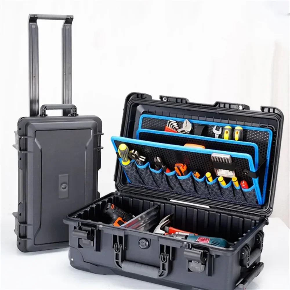 กล่องเครื่องมือกลางแจ้ง Hard Case พร้อมรถเข็นกระเป๋าบอร์ดล้อช่างไฟฟ้าเครื่องมือหน้าอก Organizer สว่านไฟฟ้าโรงรถ Storage