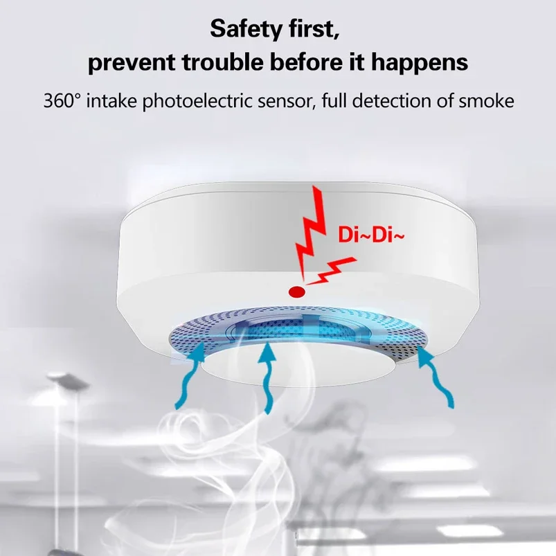 Detector de humo inalámbrico de protección contra incendios de color blanco: sensor de humo altamente sensible para sistema de alarma doméstica