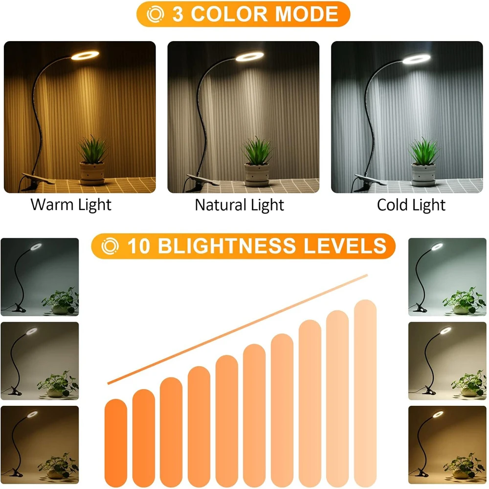 Lámpara de escritorio de 48 LED con clip, luz de libro USB, mesita de noche 360 °   Brillo flexible de la luz de lectura del cuello de cisne de la protección ocular ajustable nivel 3