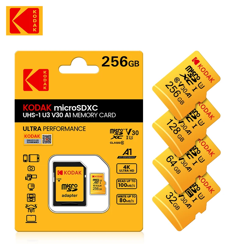 Original Kodak U3 A1 V30 MicroSD 128 GB 32 GB 64 GB 256 GB Klasse 10 Karten 32 64 128 256 GB Videotelefon-Speicherkarte