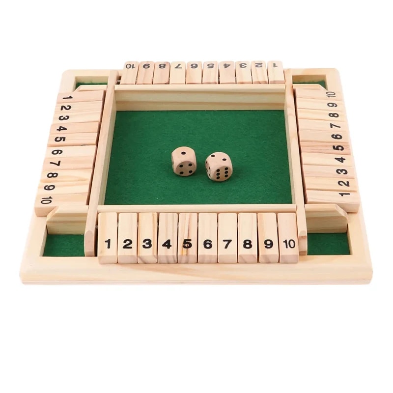Deluxe vierseitiges 10-Zahlen-Brettspiel-Set „Shut The Box“, Würfel, Party, Club, Trinkspiele für Erwachsene und Familien