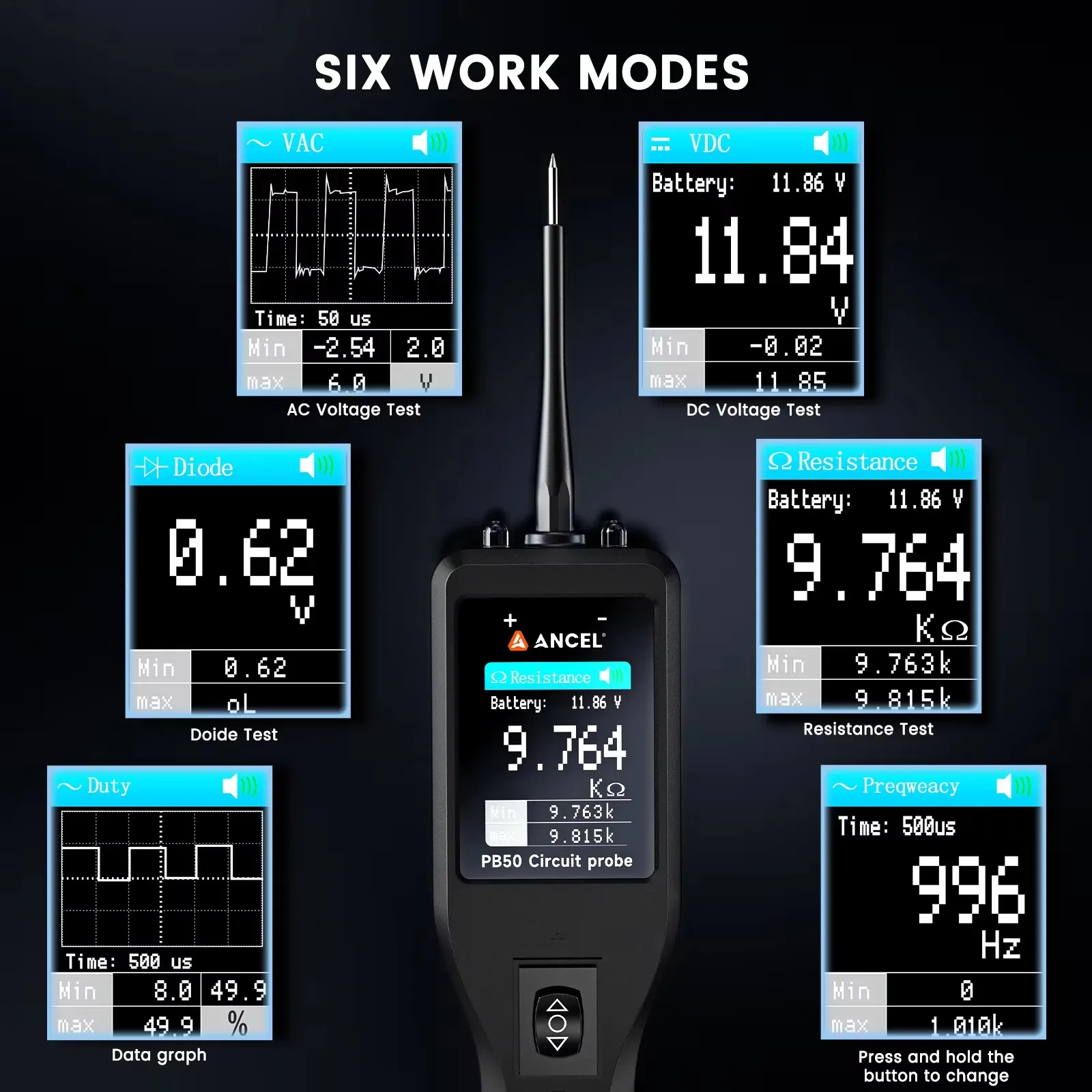 ANCEL PB50 12/24V probador de circuito eléctrico de coche sonda pluma probador prueba resistente voltaje Kit de sonda de potencia prueba de batería automática