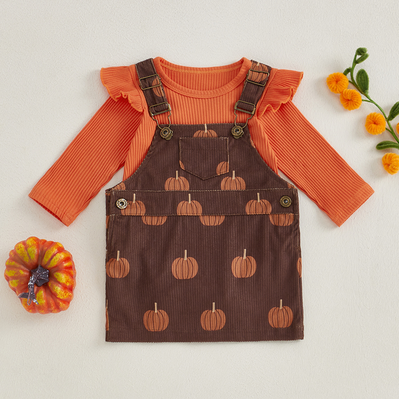 2024-07-12 Lioraitiin 2 pezzi neonate Halloween Set manica lunga pagliaccetto a coste arruffato tuta con stampa zucca abiti gonna