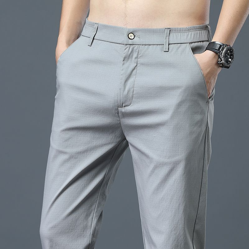 Calça de golfe masculina de seda gelo, calça casual de peso médio, design simples, cáqui, preto, slim, perna reta, stretch, casual