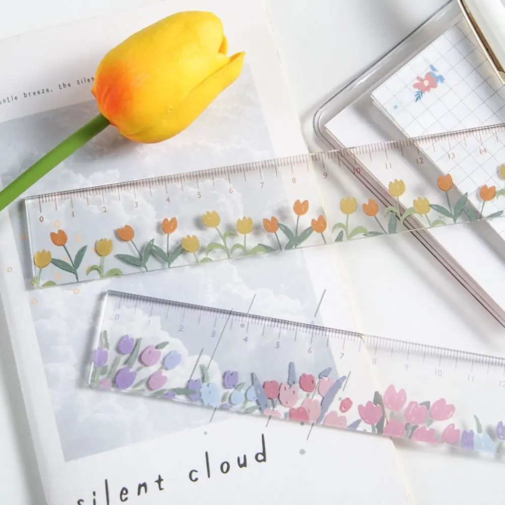 Creative Multifunction 15cm Straight Ruler Transparent Acrylic Math Drawing Ruler Double-duty Tulip DIY Drawing Tools Student