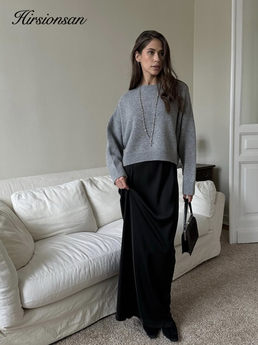 Hirsionsan Basic O Hals Basic Mouw Trui Vrouwen 2025, Oversized Korte Gebreide Truien Vrouwelijke Casual Dikke Warme Zachte Tops