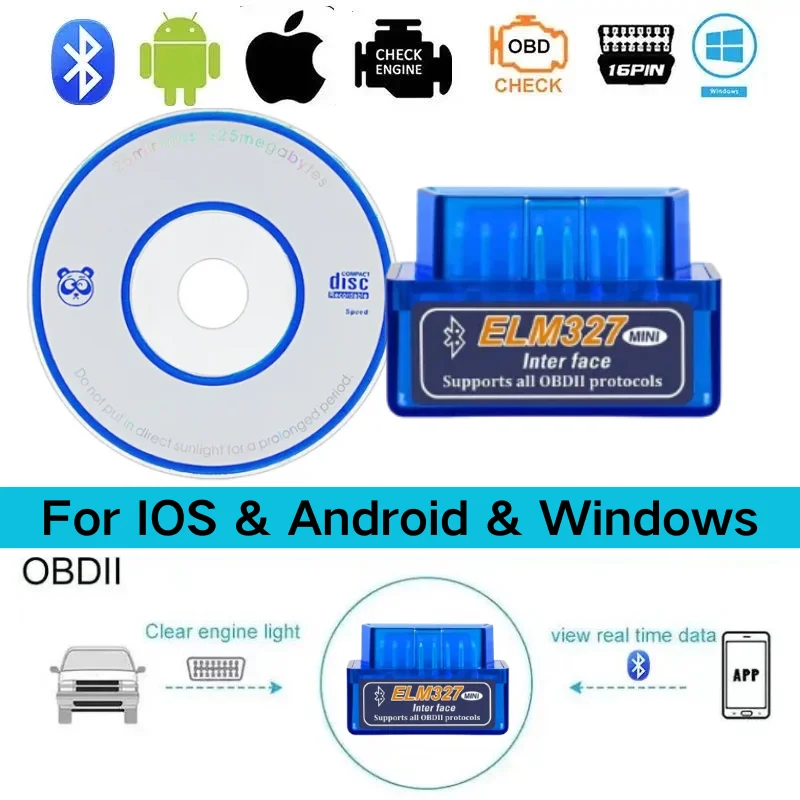 Bluetooth5.1 MINI ELM327 V2.1/V1.5 Scanner automatique OBD2 avec disque outil de Diagnostic de voiture outil de lecteur de Code pour Android/IOS/Windows