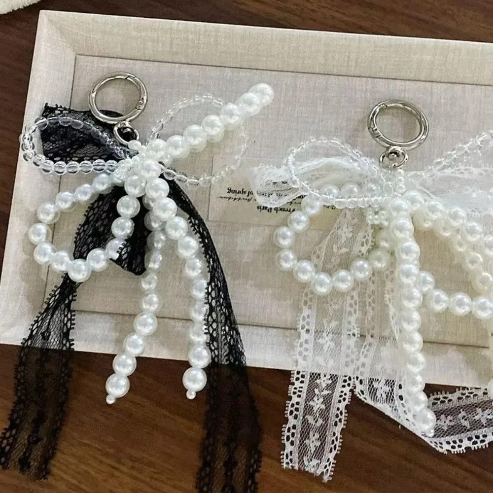 Coreano carino fiocco in pizzo perla con perline ciondolo per telefono accessori a catena scarpe da balletto estetiche borsa per fotocamera decorazione portachiavi regalo