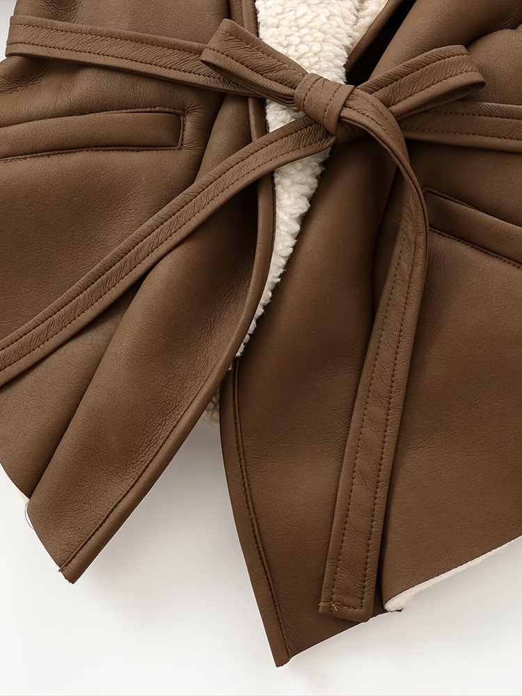 Jaqueta retrô de couro de camurça feminina, casaco com renda com cinto, top curto, roupas estilo europeu e americano, nova moda