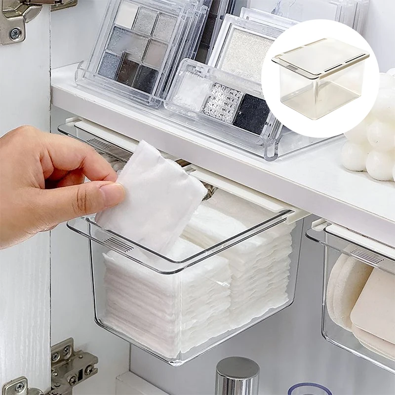 Palo de algodón transparente para baño, caja de almacenamiento estilo cajón extraíble para baño, maquillaje de algodón, debajo del gabinete con espejo