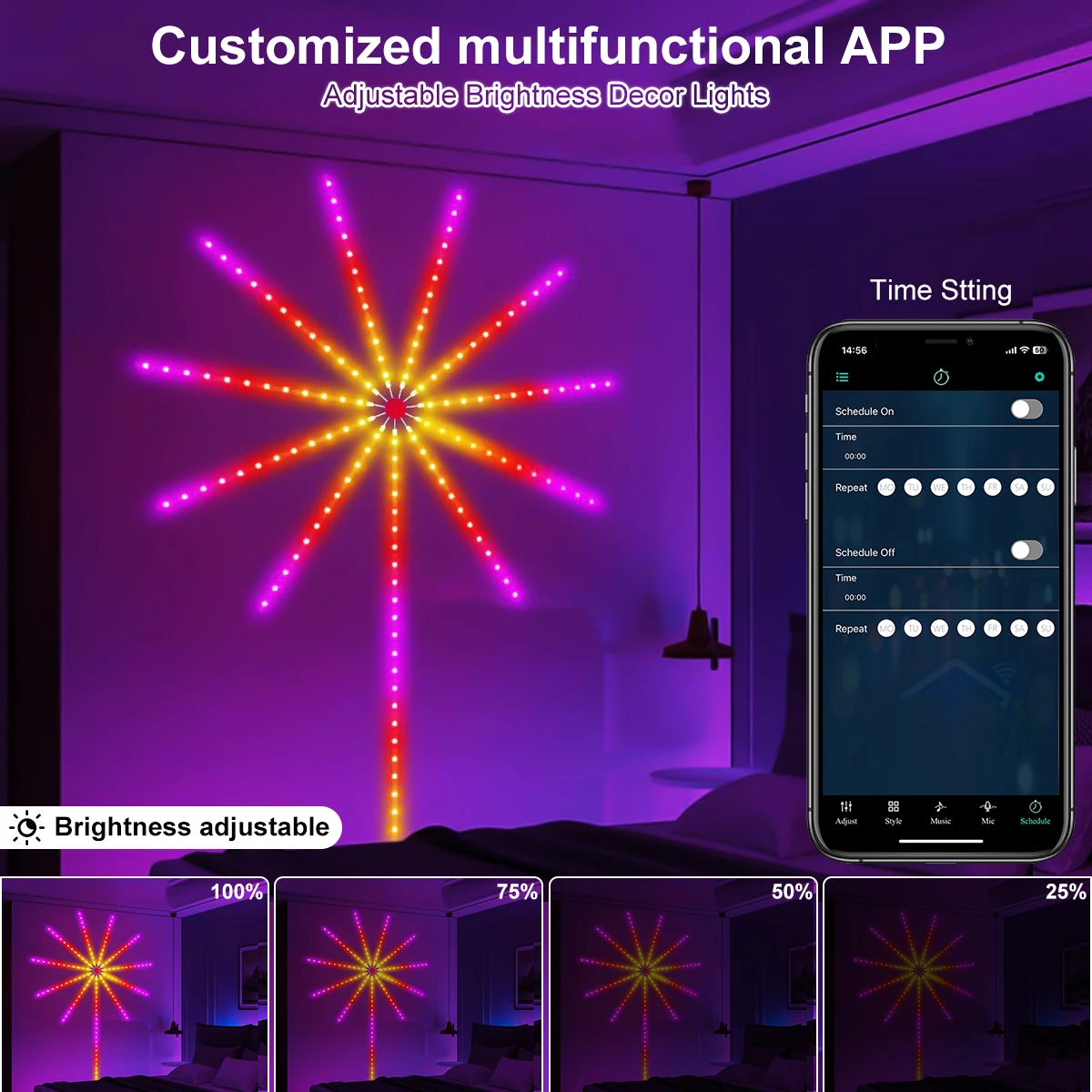 Inteligentne lampki LED RGBUC w kształcie fajerwerków, sterowane przez Bluetooth, z funkcją sterowania głosowego i muzyką, tworzące atmosferę świetlną do sypialni, na imprezy i Boże Narodzenie.
