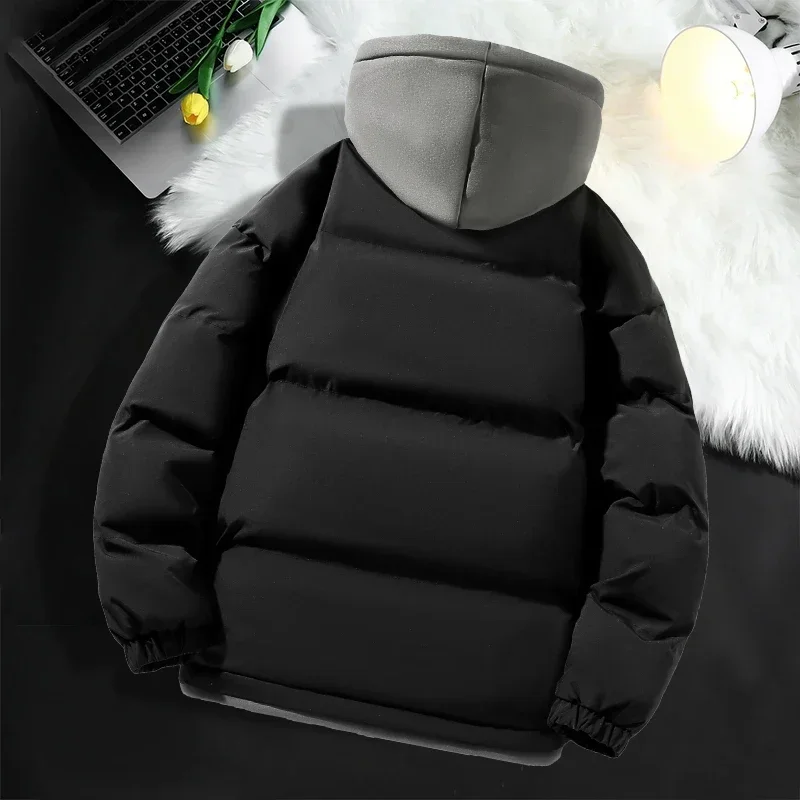 Casaco de algodão com capuz masculino2024 novo casual com capuz falso design de duas peças para baixo algodão quente parka estilo coreano grosso jaqueta de inverno masculina