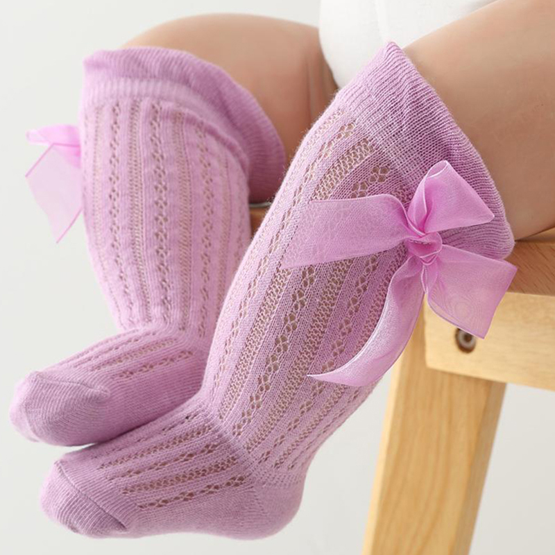 Детские гольфы, длинные носки для малышей, гольфы с рюшами и бантом для девочек, сетчатые чулки-трубы с бантом, модельные носки для младенцев
