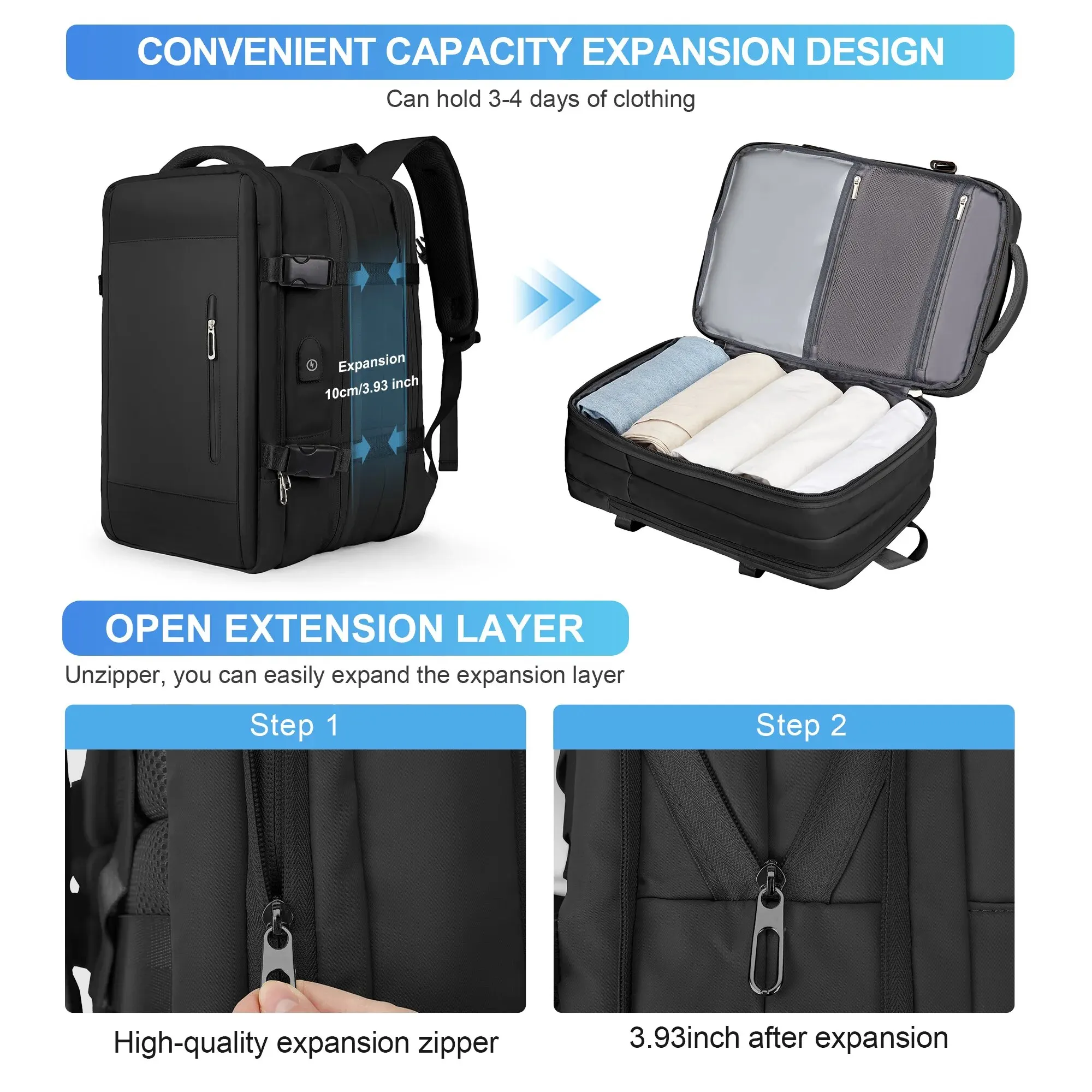 Mochila Likros para hombre, mochila de viaje de negocios, mochilas expandibles impermeables, bolsa para ordenador portátil de viajero de fin de semana de gran capacidad