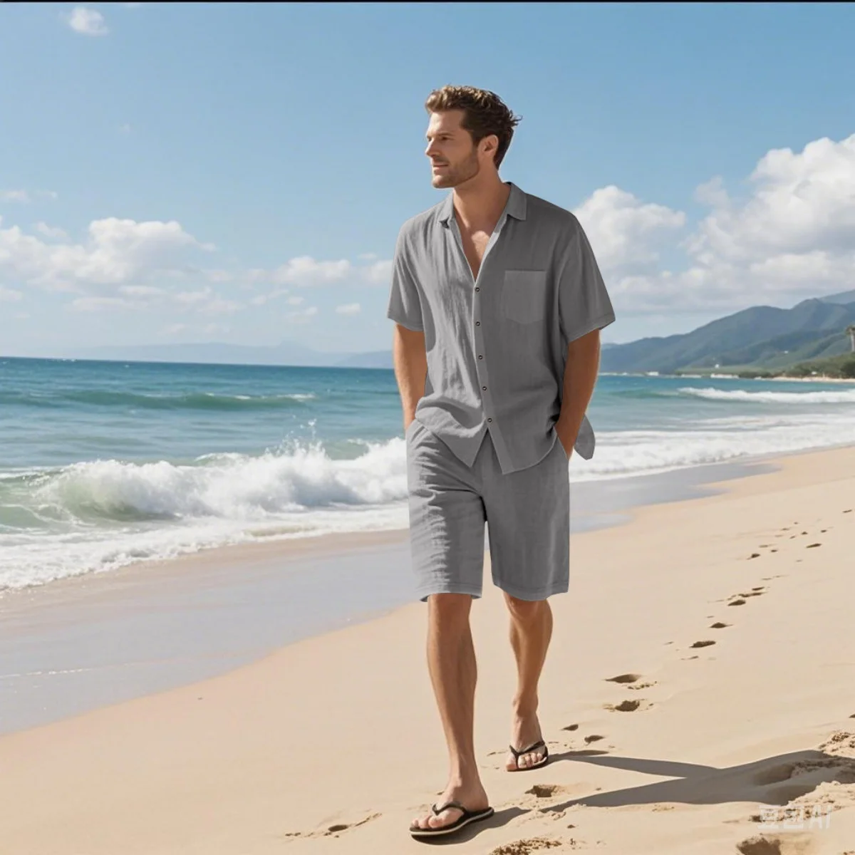 Neues Sommer-Herren-Retro-Hemd-Set aus Baumwolle und Leinen, modisches Strand-Kurzarmhemd und Shorts mit Reversknöpfen und zweiteiligem Set