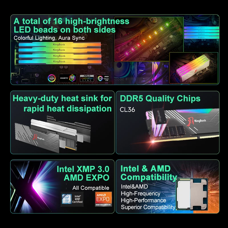 KingBank RGB RAM DDR5 16 GB Speicher DDR5 16G / 32G 【16 GBx2】 6000 MHz CL36 Übertaktung für Desktop-Computer Gaming-Speicher AM5 Ram