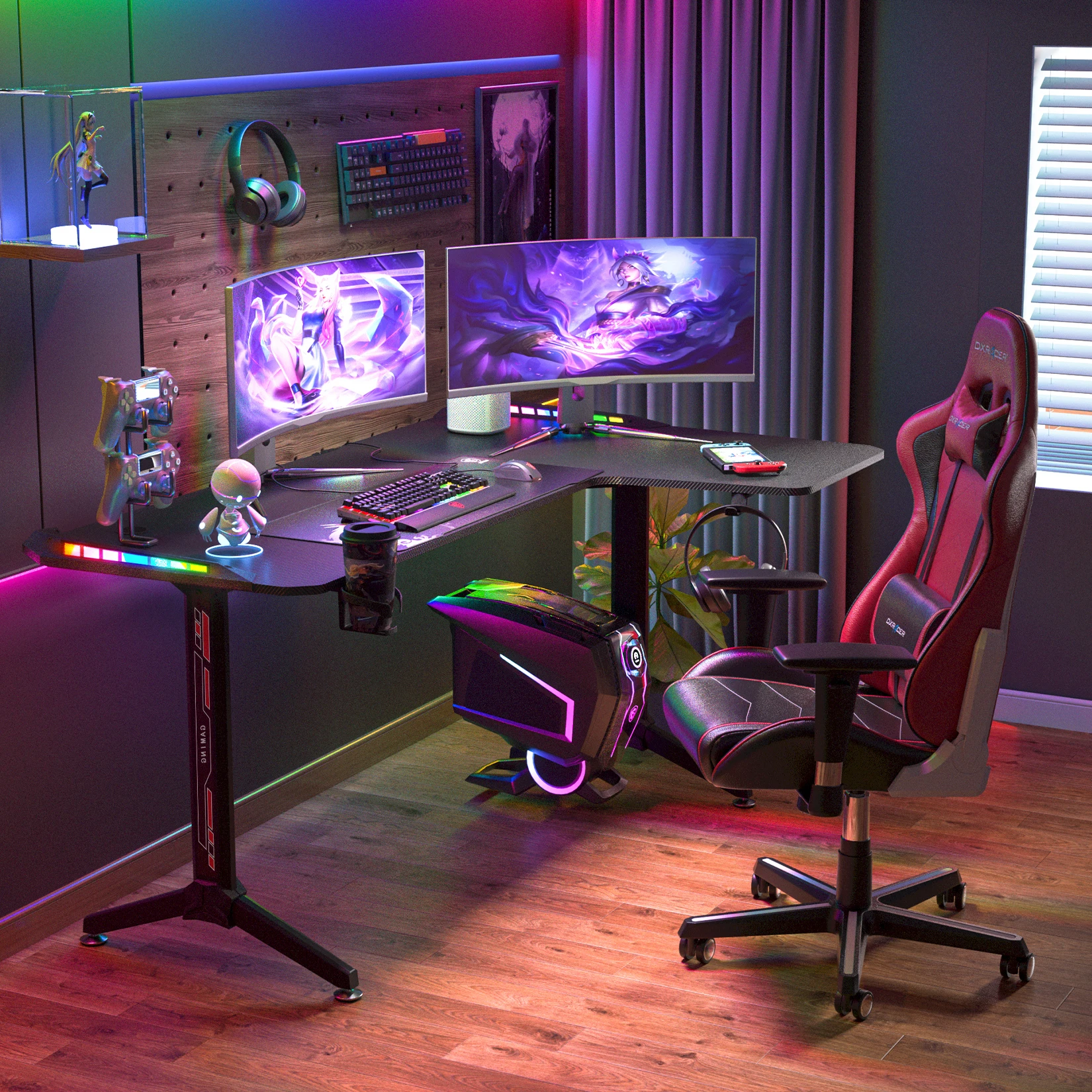 XXXL scrivania da gioco ad angolo grande tavolo per Computer da gioco a forma di L tavolo illuminato a LED RGB con portabicchieri e gancio per cuffie