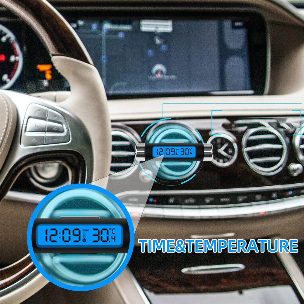 Portátil 2-em-1 relógio de carro termômetro digital lcd relógio interior do carro termômetro azul backlight para acessórios interiores do carro